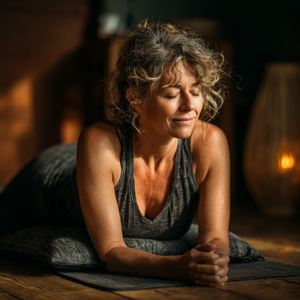 Старша жінка практикує йогу з планшетом